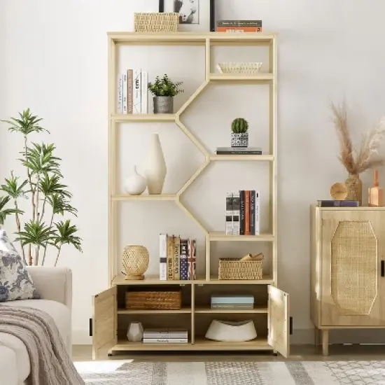 7-Tier Rattan Storage Bookshelf with 2 Doors, Natural &ndash; ModernLuxe image {1}