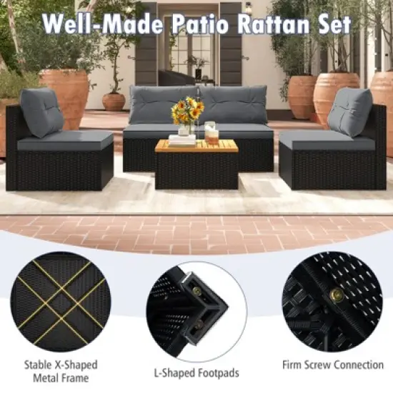 Tangkula Set Of 5 Rattan Sofa Set Outdoor Wicker Furniture Set w/Seat & Back Cushions Square Coffee Table Patio Sofa Set Gray image {6}