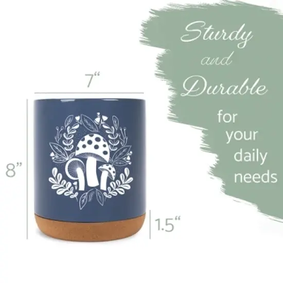 Elanze Designs 8 inch Floral Mushroom Leaf Large Ceramic Kitchen Utensil Holder Navy Blue and White Crock with Cork Base image {1}