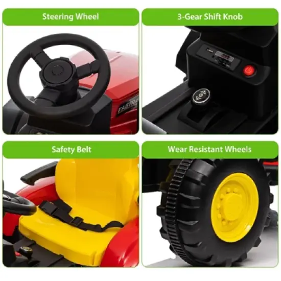 12V Kids Ride-On Tractor with Remote Control, Battery Powered Tractor Car Toy with Detachable Trailer, Music, Perfect for Boys & Girls, Red image {4}