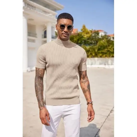 COOFANDY Men's Mock Turtleneck Sweater Short Sleeve Casual Basic Tops Ribbed Knit Pullover Solid Tee image {7}
