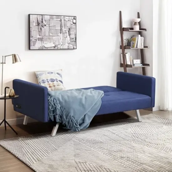 Costway Convertible Futon Sofa Bed Folding Recliner w/USB Ports&Power Strip Grey\Blue image {2}