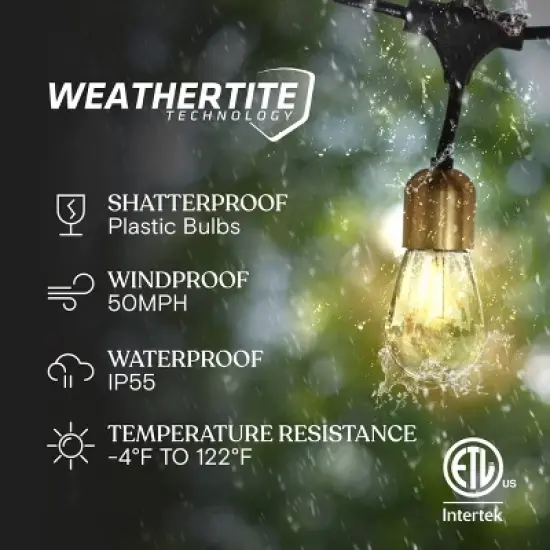 Brightech 12-Bulb LED Glow Antique Brass Solar 1W 28ft 2700K S14 Outdoor Hanging String Lights Clear Bulb Black Wire image {3}