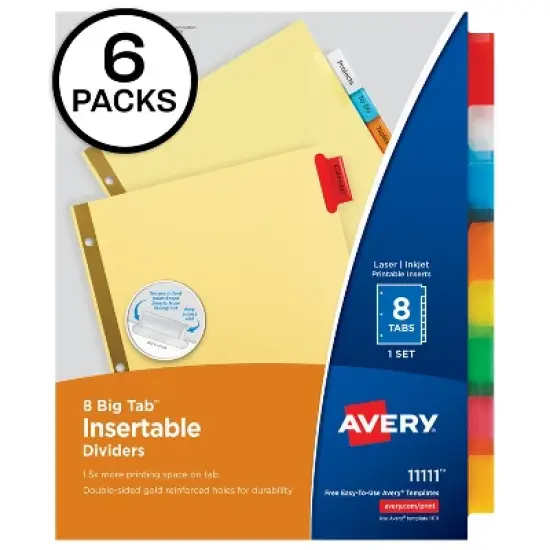 Avery 8-Tab Dividers, Insertable Multicolor Big Tabs, 6 Sets of 11111 image {7}
