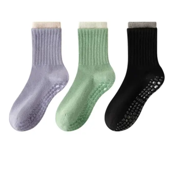 Anna-Kaci Womens Non-Slip Grip Crew Socks 3 Pair Pack Custom Color Combos Soft Ribbed Cotton with 3D Silicone Heel image {10}
