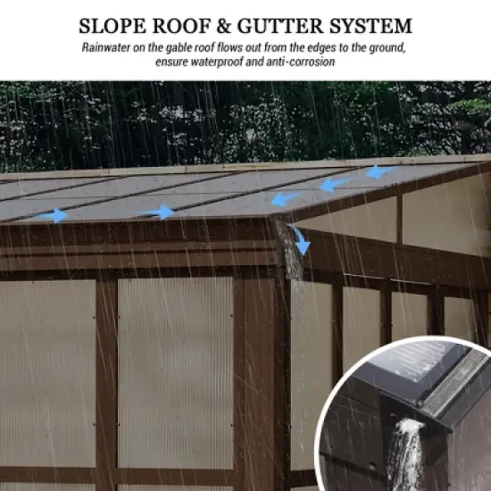 Mondawe 10x12FT Lean to Sunroom Wall Mounted Solarium with Sloping Polycarbonate Roof, Detachable Screens and 2 Lockable Sliding Doors image {7}