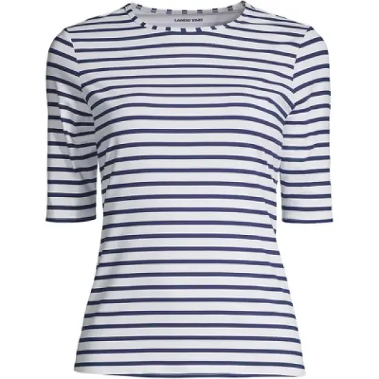 Lands' End Women's Crew Neck Elbow Sleeve Rash Guard UPF 50 Sun Protection Modest Swim Tee image {4}
