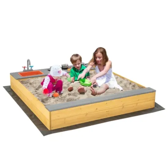Costway Kids Sandbox Outdoor Wooden Sandpit w/ Bottom Liner Creative Cooking Area image {9}