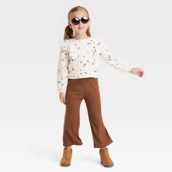 Grayson Collective Toddler Girls' Long Sleeve Ruffle Top & Wide Leg Pants Set - Dark Brown/White image {2}