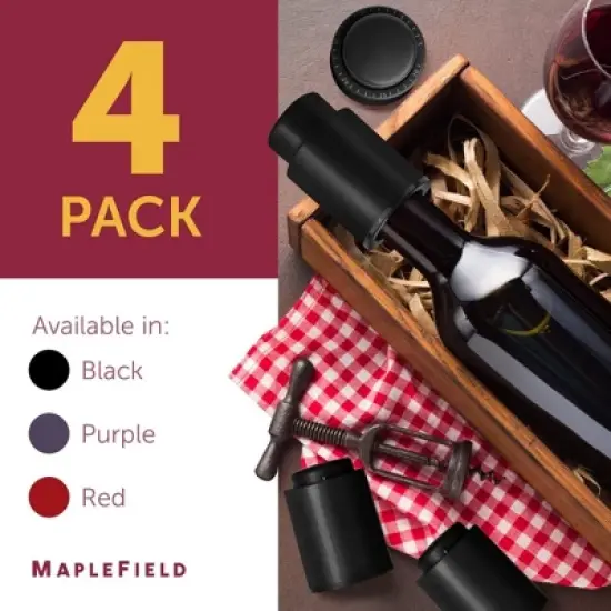 Maplefield Vacuum Wine Stoppers - Leak-Proof Vacuum Pump Wine Preserver - Resealable Wine Vacuum Stopper - Plastic - 4 Pack [Black] image {6}