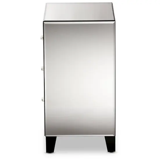 Chevron Modern And Contemporary Hollywood Regency Glamour Style Mirrored 3 - Drawers Nightstand Bedside Table - Baxton Studio image {2}