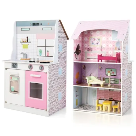 Costway Kids Kitchen Playset & Dollhouse 2-In-1 W/ Accessories & Furniture For Toddlers image {5}