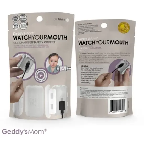 Geddy's Mom: Watch Your Mouth: White - 3 Pack - USB Charger Child Safety Covers image {3}