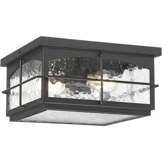 John Timberland Braylon 12" Wide Black and Hammered Glass Outdoor Ceiling Light image {4}