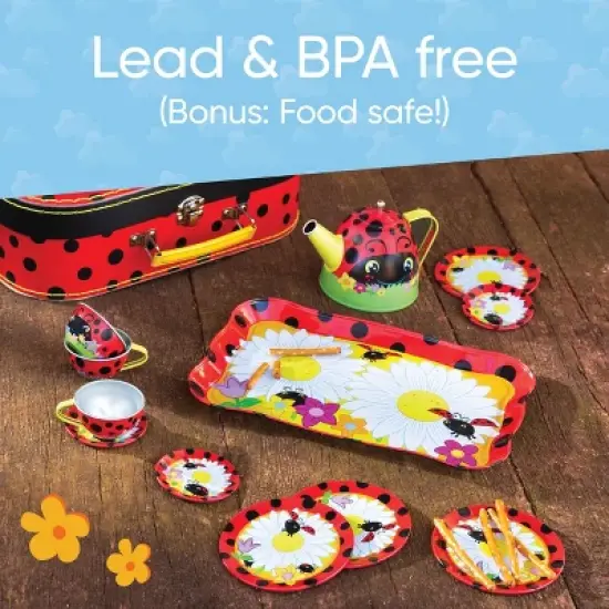 Hearthsong 15-Piece Ladybug-Themed Tin Tea Set for Kids with Carrying Case, For Pretend Play image {6}