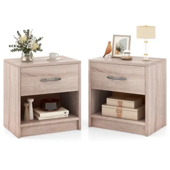 Tangkula 2 PCS Nightstand w/ Drawer Side Table w/ Slide-out Drawer Open Storage Shelf image {12}
