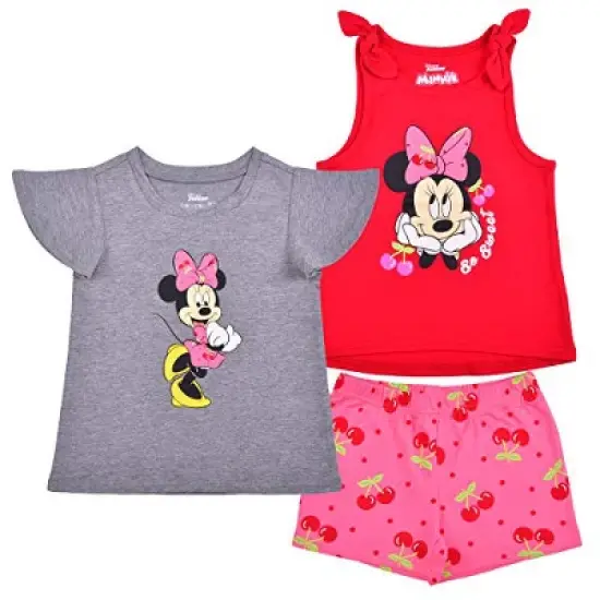 Disney Girls' 3-Pack So Sweet Minnie Mouse Ruffle Sleeve Tee, Bow Strap Sleeveless Shirt and Casual Shorts Set for Kids image {6}