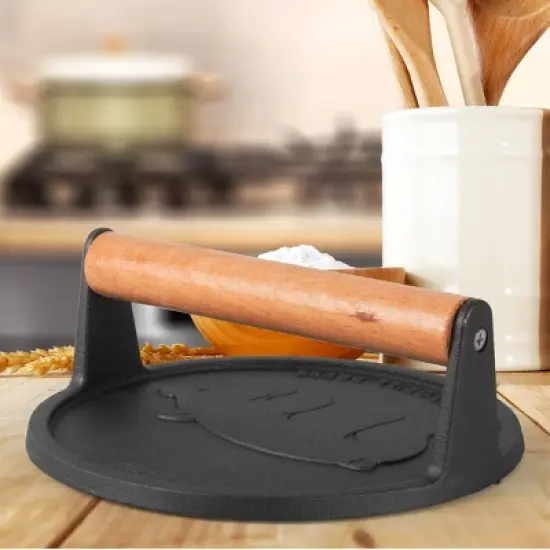 Commercial Chef Pre-Seasoned Cast Iron Press with Easy Grip Wooden Handle, 7-Inch Surface with Grill Marks, Chef Press Round Grilling Accessory image {2}