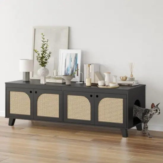 FURNIinspire Pet Crates and Houses Double Large Hidden Cat Litter Box Enclosure Furniture Cabinet with Rattan Doors, Black, 57.9"*19.7"*19.7" image {5}