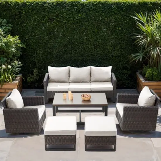 POCASSY 6 Pieces Patio Furniture Set, Steel Frame Brown Wicker Outdoor Furniture with 3-Seater Sofa Swivel Patio Chair Coffee Table and Ottoman image {1}