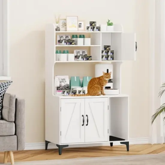 Cat Litter Box Enclosure with Shelves,Hidden Cat Box Cabinet Furniture with Scratching Mat,Wood Sturdy Cat Washroom Storage, Indoor Cat House image {11}