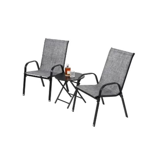 FIONECA 3-Piece Outdoor Patio Set with Folding Chairs and Steel-Top Table, Grey Breathable Textilene Fabric Camping Chairs image {6}