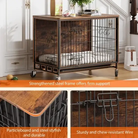 2 in1 Furniture Style Dog Crate, MDF Metal Dog Crate, Indoor Pet Kennel Cage with Shelves & Moveable Tray & Wheels, Puppy House for Home, Farmhouse image {6}