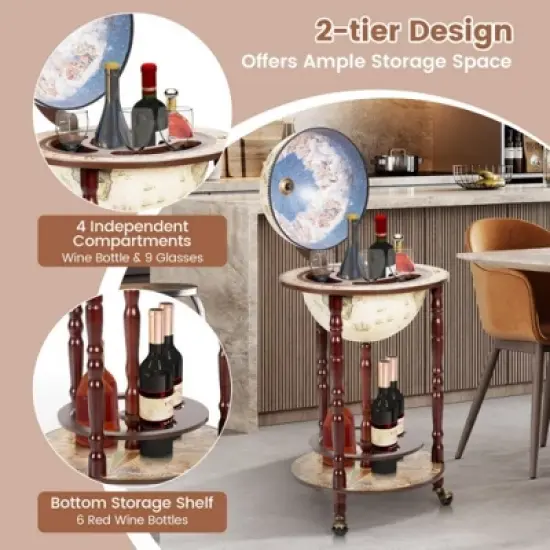 MOEPISY 17 Inch Wooden Globe Liquor Bottle Wine Rack with Wheels image {2}
