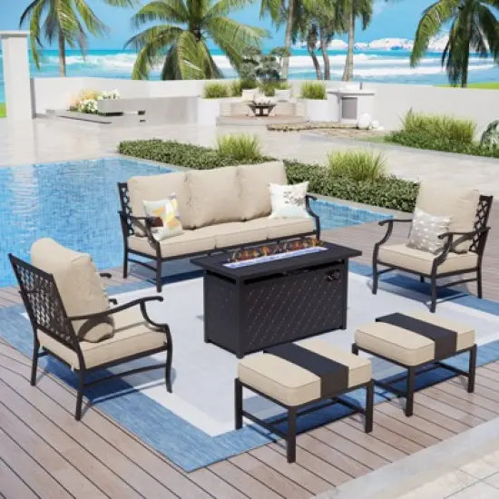 Captiva Designs 6pc Metal Patio Outdoor Conversation Fire Pit Set with Grid-back Armchairs and Ottomans for Garden, Poolside, Backyard image {10}