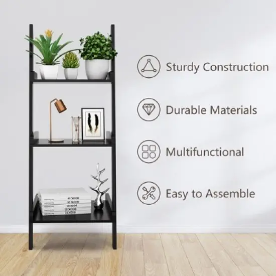 Costway 3 Tier Leaning Rack Wall Ladder Book Shelf Bookcase Storage Display Multipurpose image {4}