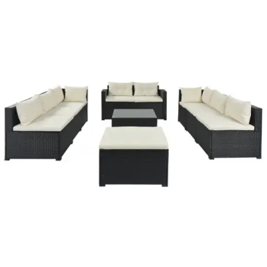 9pc Wicker Patio Sectional Seating Set with Cushions - Black/Beige - GODEER image {4}