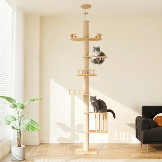 Heynemo Floor to Ceiling Cat Tree Tower with Acrylic Capsule, Adjustable Height, Sisal Scratching Posts, Multi-Level Design, Space-Saving Vertical image {1}