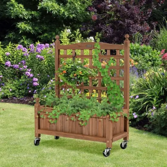 Tangkula 32in Wood Planter Box with Trellis and Wheels Mobile Plant Raised Bed for Indoor&Outdoor image {1}