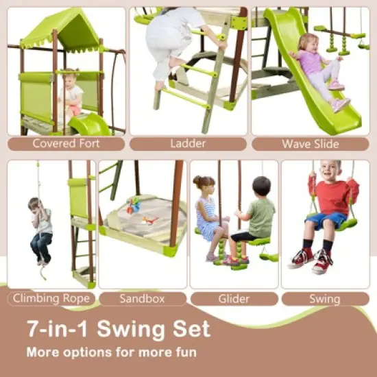 Infans 7-in-1 Swing Set with Covered Fort Height Adjustable Swing Climbing Rope Sandbox image {4}