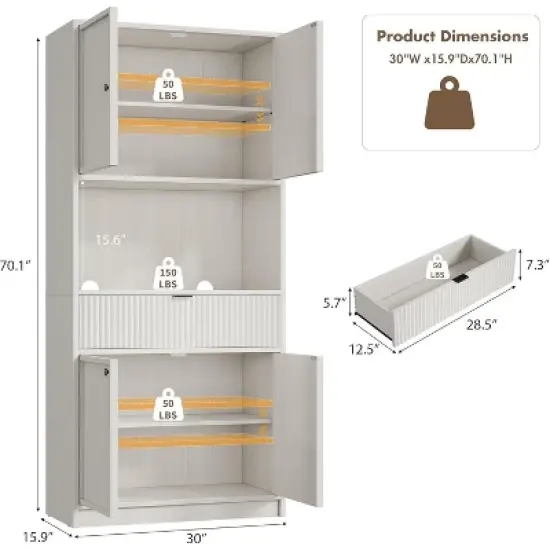 70" Fluted Pantry Cabinet - Storage w/ Countertop, Doors & Drawer for Kitchen & Dining Room image {7}
