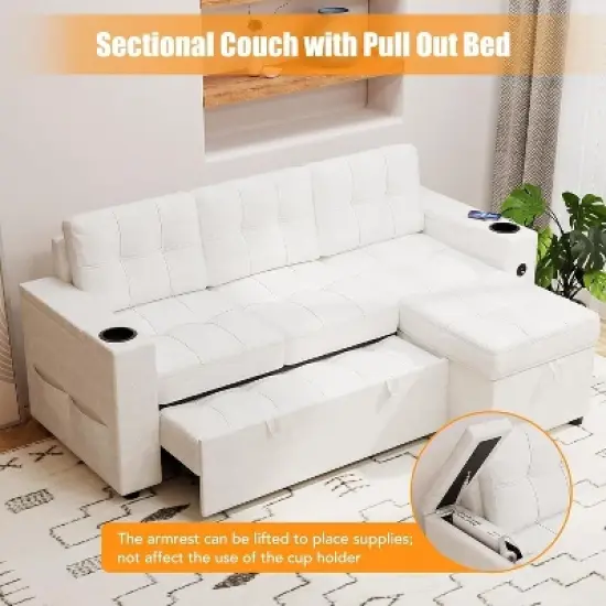 84" L-Shaped Sleeper Sofa Bed with Pull-Out Mattress, Storage Armrests, Cup Holders & USB Ports, Sectional Couch for Living Room image {3}