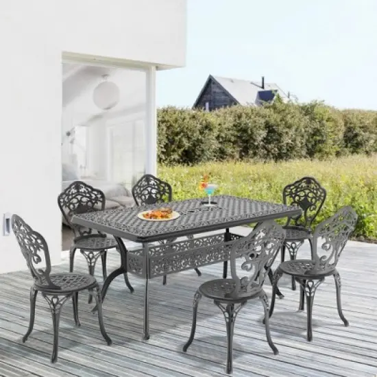 7-Piece Patio Set: Rectangle Table & 6 Chairs - Cast Aluminum, All-Weather/Umbrella Hole & Adjustable Legs for Balcony/Backyard image {2}