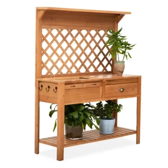 Outsunny Garden Potting Bench, Outdoor Wooden Workstation Table w/ Metal Screen, Drawer, Hooks, Storage Shelf, and Lattice Back for Patio and Porch image {7}