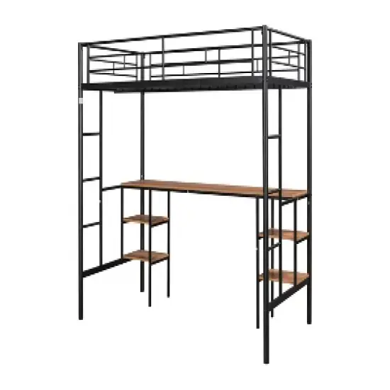 Metal Twin Size Low Loft Bed With Storage Shelf And Table, Black - ModernLuxe image {5}