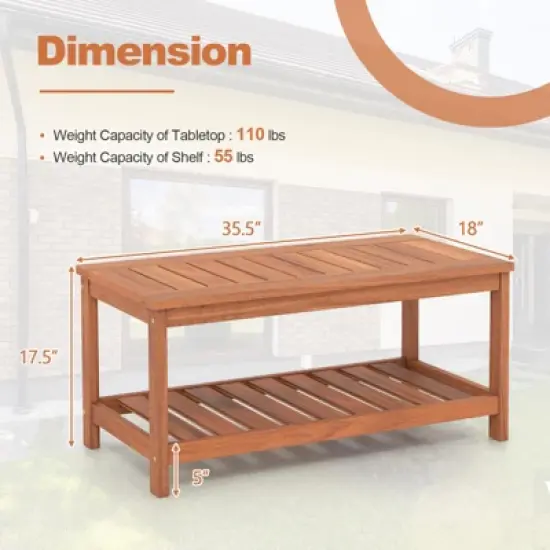 Tangkula Patio Hardwood Coffee Table 2-Tier Wooden Coffee Table with Slatted Tabletop & Storage Shelf Outdoor Rectangular Cocktail Table image {7}