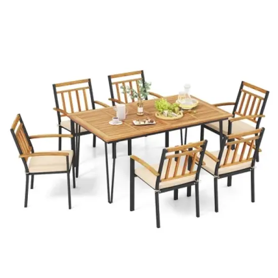 Costway 7 PCS Patio Dining Set with Acacia Wood Dining Table Rattan Armchairs Soft Cushions image {1}