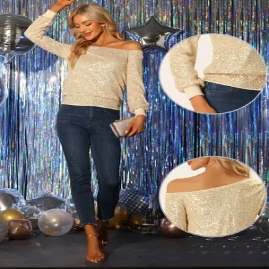 Allegra K Off Shoulder Sequins Tops for Women's Disco Party Sparkly Glitter Top image {1}