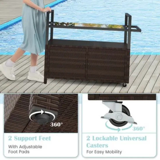 Costway Outdoor Bar Cart with Tempered Glass Top Storage Cabinet & 8 Hooks for Porch Brown/Gray image {6}