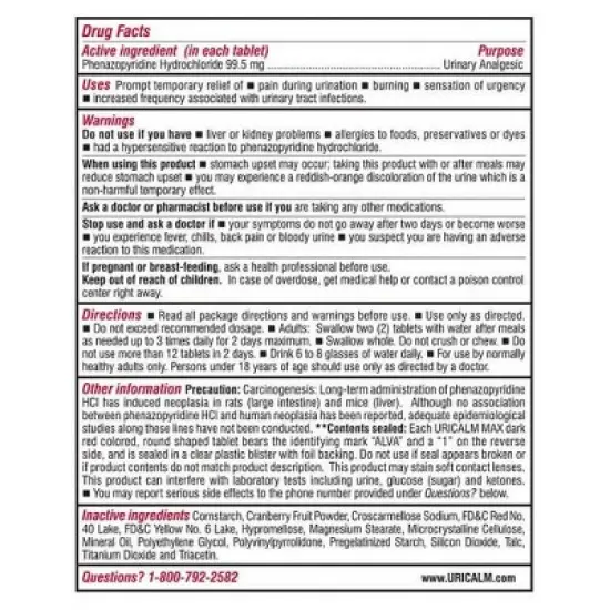 Uricalm Max Phenazopyridine HCI 99.5mg Tablet, Maximum Strength 24 Ct image {1}