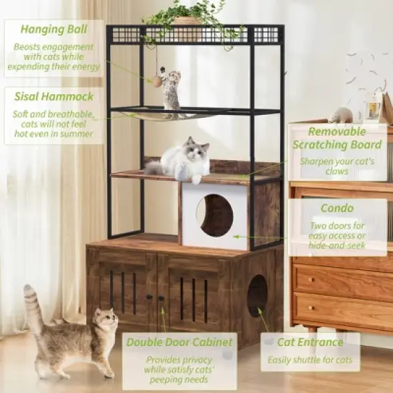 Enclosed Cat Litter Box with Storage Rack, Litter Box Furniture with Hammock, Sisal Balls and Cat Scratching Mat image {1}