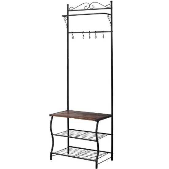 Kings Brand Furniture Brentwood Entryway Shoe Bench, Coat Rack, Hall Tree Storage Organizer with Hooks, Black image {1}