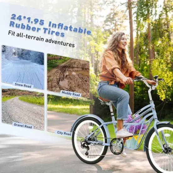 NAYSAYE Bicycle 24 Inch Adult Commuter Bike with 6 Speed Shifter Steel Frame for Daily Rides, Blue, 68.9"*22.4"*46.1" image {1}