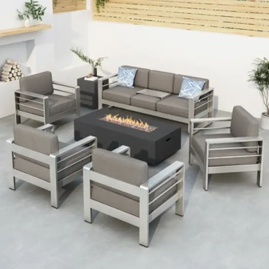 Christopher Knight Home Cape Coral Outdoor Aluminum 7 Seater Chat Set with Fire Pit image {12}