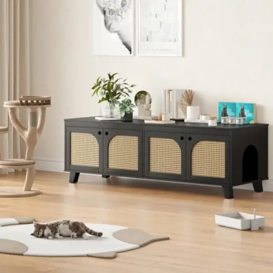 ORRD Double Hidden Cat Litter Box Enclosure Furniture with Rattan Doors - 2-Entrance Cabinet for Two Cats, Odor Control,Black image {5}