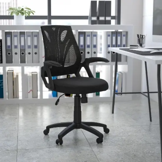 Flash Furniture Mid-Back Designer Black Mesh Swivel Task Office Chair with Open Arms image {1}
